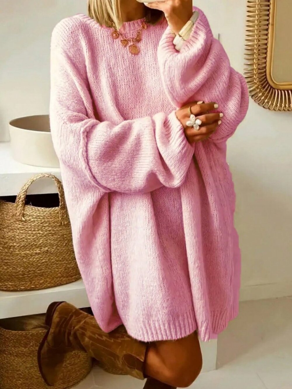 Plus size Pink Casual Women's Long Sleeve Round Neck Crew knit sweater Pullover
